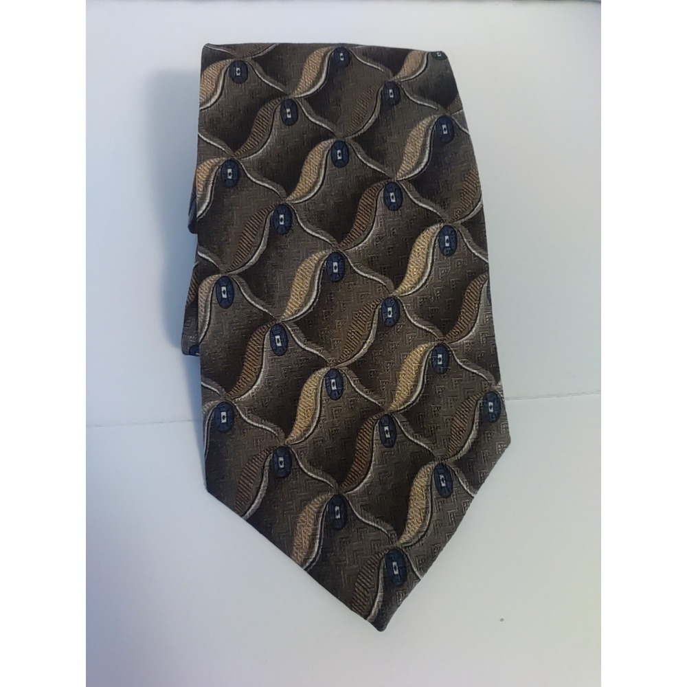 Claiborne Men Geometric Gold Blue Holiday 1998 56" Silk‎ Tie New